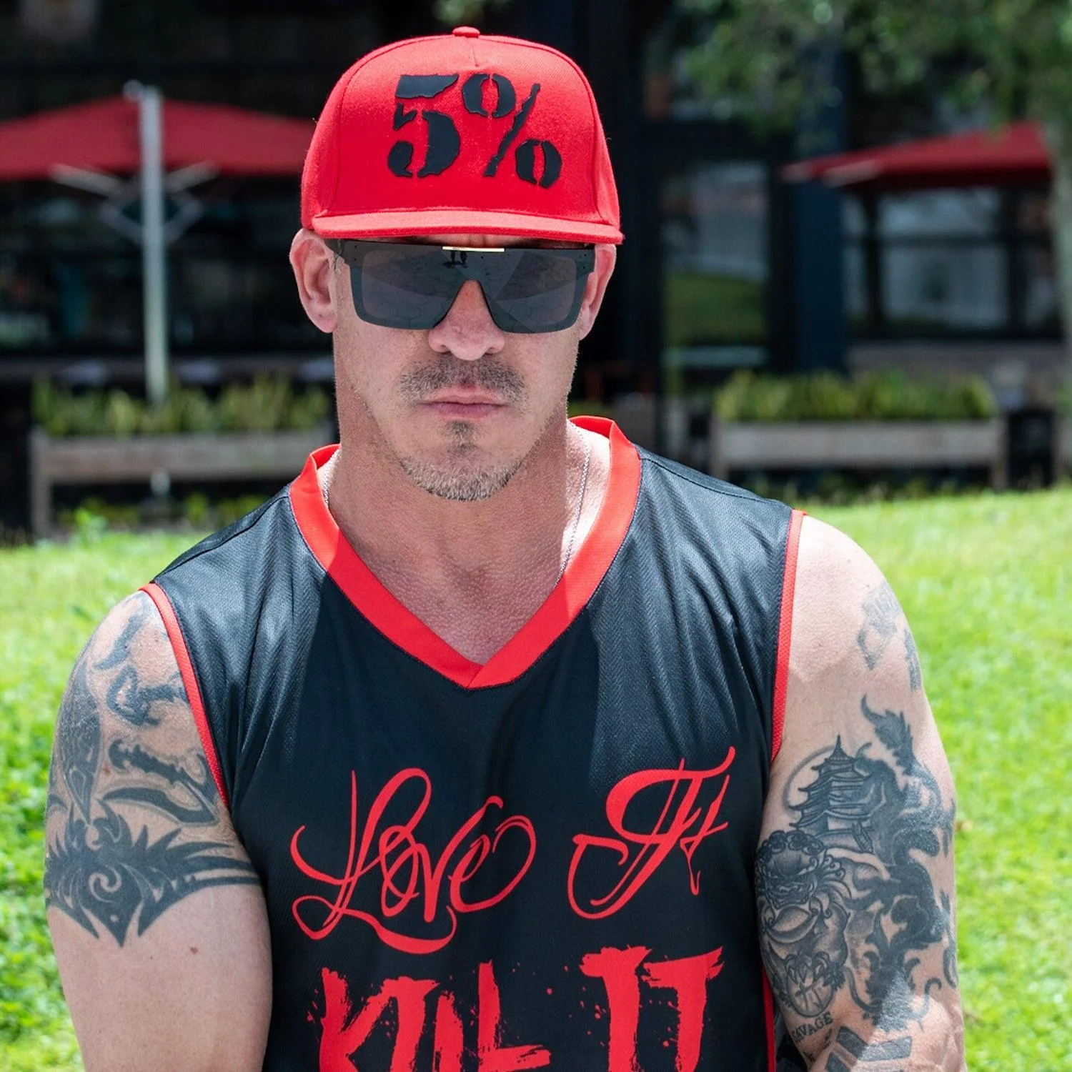 5% Rubber Logo, Black on Red Hat - Image 11