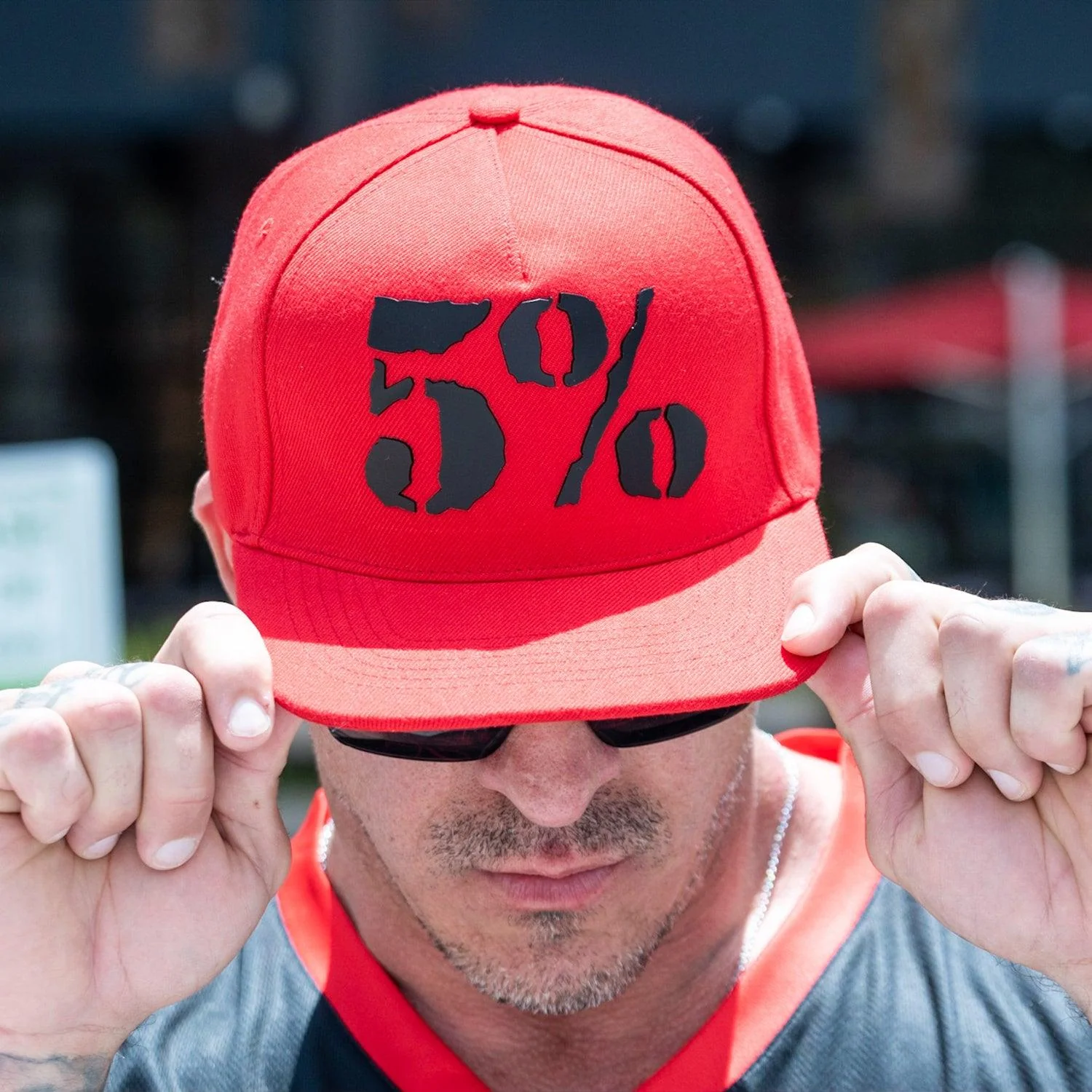 5% Rubber Logo, Black on Red Hat - Image 7